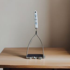 Vintage EKCO Chromium Potato Masher Dutch Blue Tulip Design Handle USA